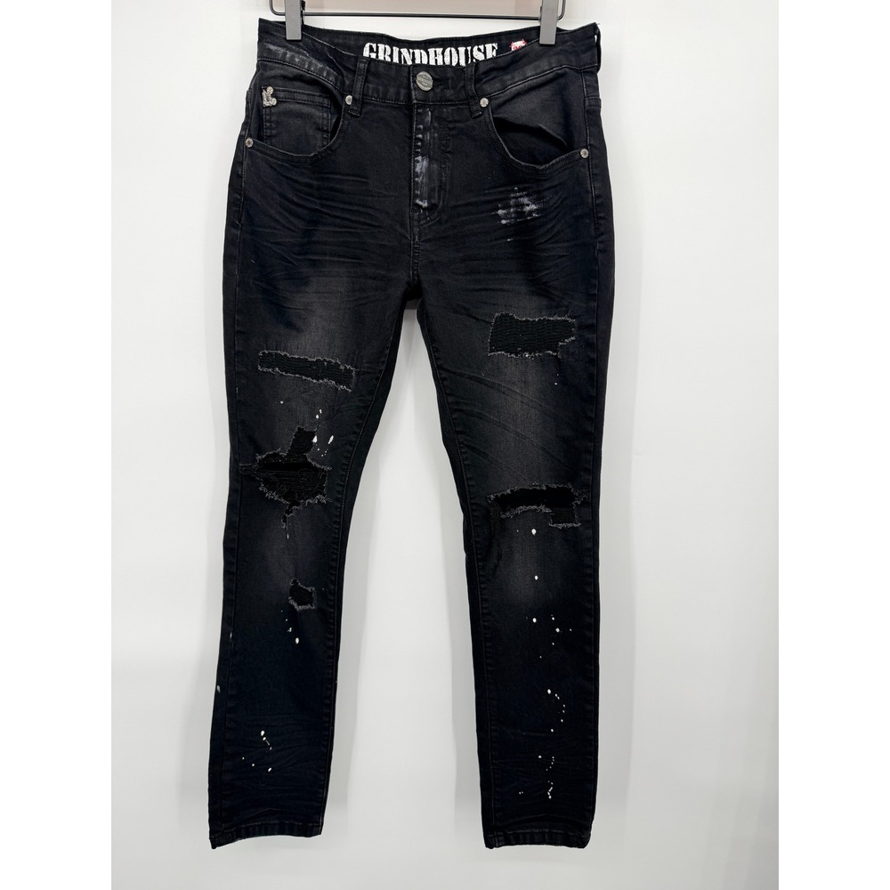 Grindhouse Denim Jeans Mens 30 Black Good Paint Splatter Slim Fit Distressed